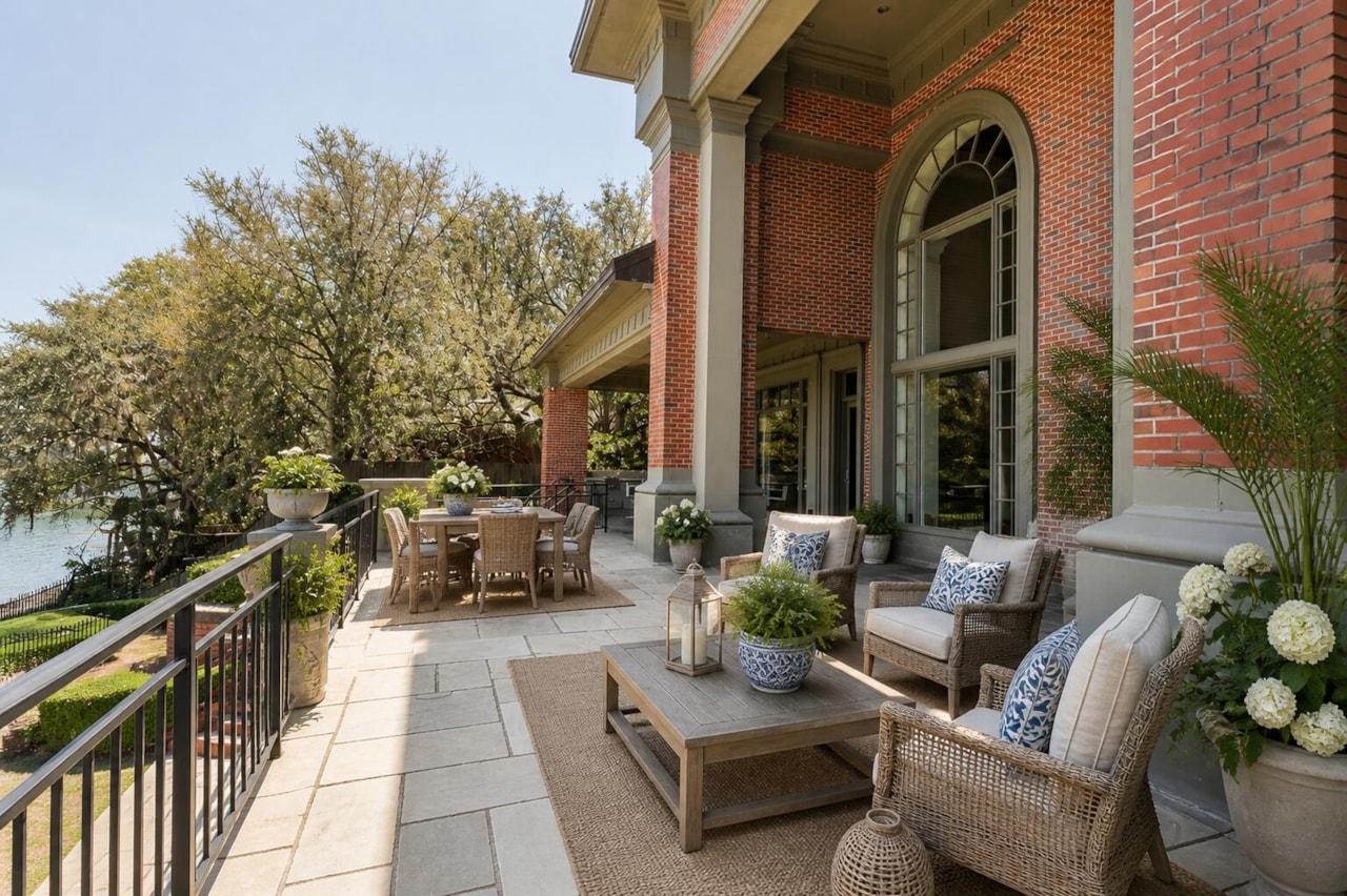 A covered bluestone terrace with a long teak dining table, wicker lounge furniture, hydrangeas in stone planters, and the bay along the railing